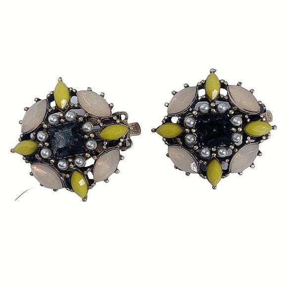 RJ Graziano Pearl Flower Button Clip Earrings 1"  Pastel Rhinestones - Picture 2 of 9